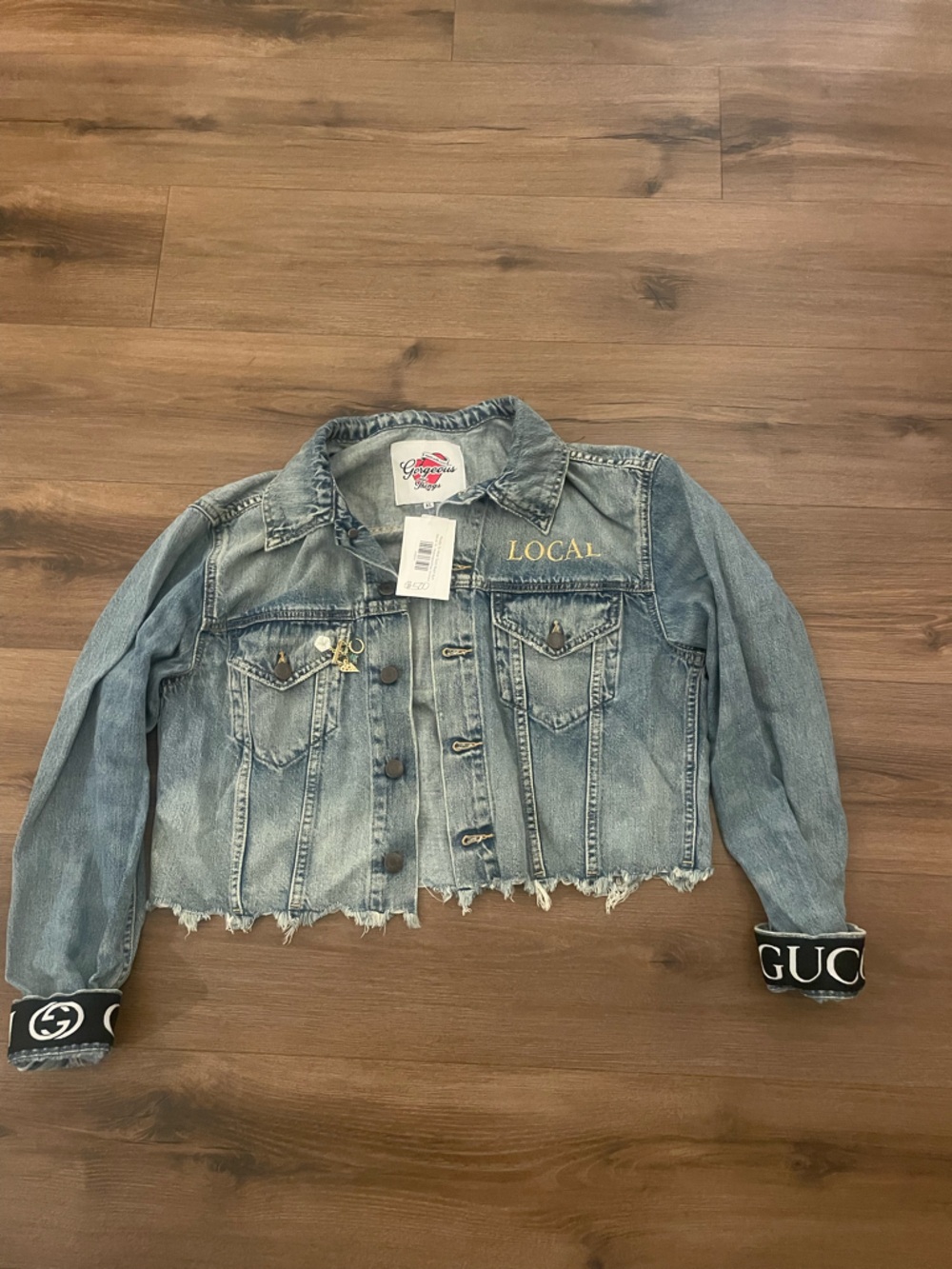 Gucci Light Blue Frayed Hem Denim Jacket with 'LOCAL' Embroidery